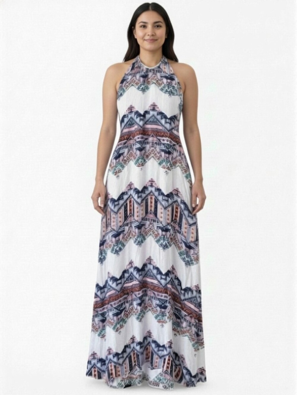 Black Bead White Maxi Dress with Navy, Pink & Teal Aztec Print